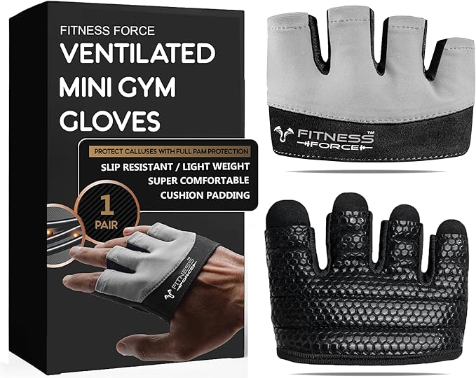 FITNESS FORCE Workout Gloves for Men & Women Partial Weight Lifting Non-Slip Gym Gloves, Lifting Grip for Calluses Guard Fingerless Exercise Gloves with Full Palm Protection