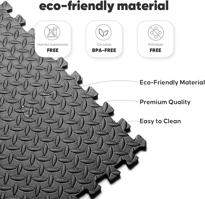 24 Pack Home Gym Mat, Puzzle Exercise Mat, EVA Interlocking Foam Floor Tiles for Home Workout Equipment and Kids' Play Areas - Black, 24 in x 24 in x ½ in - 24 Tiles (Black, 24 Pack, 96 SQ FT)