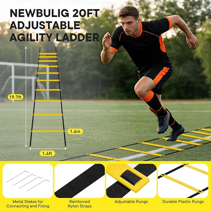 Agility Ladder Speed Training Equipment Set-20ft Ladder, 12 Cones, 4 Adjustable Hurdles, Jump Rope, Resistance Parachute| Basketball, Soccer, Football Practice Equipment for Youth, Adults