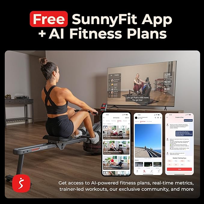 Sunny Health & Fitness Smart Dual-Rail Water Rower, 300LB Weight Capacity with Free SunnyFit App Connection – SF-RW524022