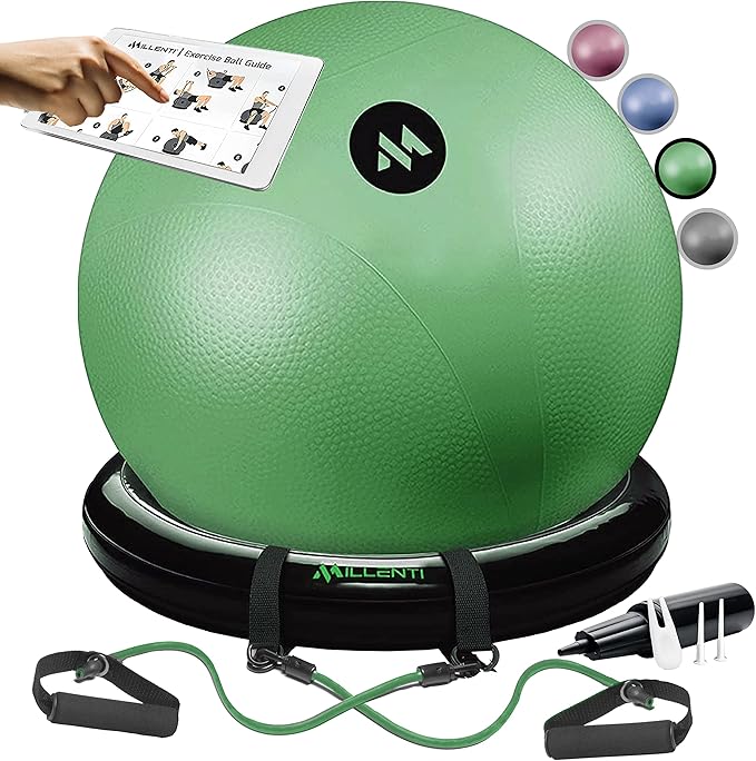 Millenti Exercise Ball Chair 65cm - Yoga Ball Chair Stability Base Ring Kit & Fitness Resistance Bands For Home, Gym Bundle, Pilates Ball, Office Chair, Birthing Ball For Pregnancy - With Workout Chart