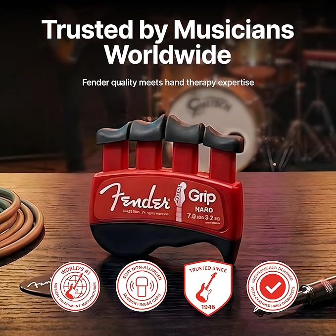 Fender GRIP Hand and Finger Exerciser – Best Ergonomic Finger Strengthener to improve play on all stringed instruments (Guitar, Bass, Violin, etc.) (Tensions: WHITE=5-Lbs; RED=7-Lbs; BLACK=9-Lbs)