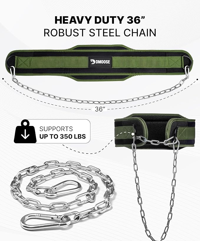 DMoose Fitness Dip Belt for Weight Lifting, Pullup, Squats & Dips - 36" Robust Steel Chain, Comfortable Neoprene Padding Supports 350lbs - Gym Weight Belt for Strength Training Workout & Weightlifting