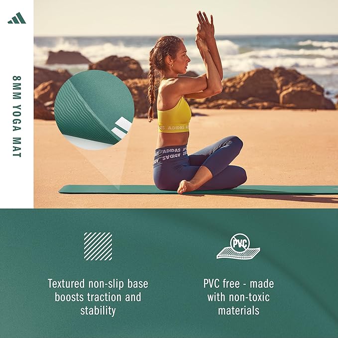 adidas Yoga Mat - Eco Friendly - Non Slip, Durable Textured Surface, 8mm