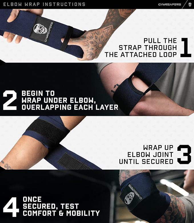 Gymreapers Weightlifting Elbow Wraps (1 Pair) - Flexible 40'' Elbow Compression Strap & Joint Support Brace - for Bench Press, Powerlifting, and Pressing