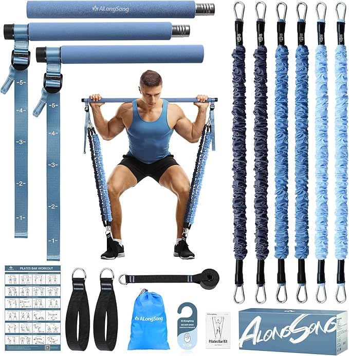 Upgraded Pilates Bar Kit with Resistance Bands Natural Latex for Women & Men, Heavy-Duty Stainless Steel Multifunctional Yoga Pilates Stick for Home Gym Exercise Fitness Equipment Full-Body Workouts