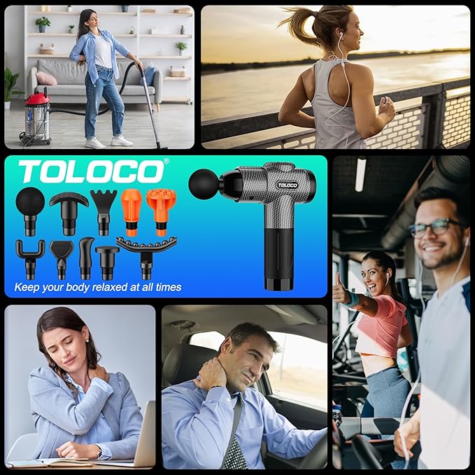 TOLOCO Massage Gun, Deep Tissue Back Massage for Athletes for Pain Relief, Percussion Massager with 10 Massages Heads & Silent Brushless Motor, Valentines Day Gifts for Him Her, Carbon