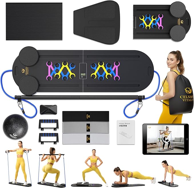 Pilates Reformer Board, 7-in-1 Foldable Pilates Board Kit with Timer, Guided Home Workouts w Resistance Bands & Ball - at Home Pilate Reformer AB Core Machine, Exercise Fitness Slider Equipment