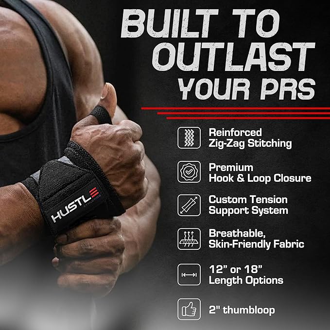 Hustle Athletics Wrist Wraps for Weightlifting - 18" & 12" Premium Wrist Support Weight Lifting Wraps to Lift Heavier & Train Harder - Heavy Duty Powerlifting & Bench Press Gym Straps for Men & Women