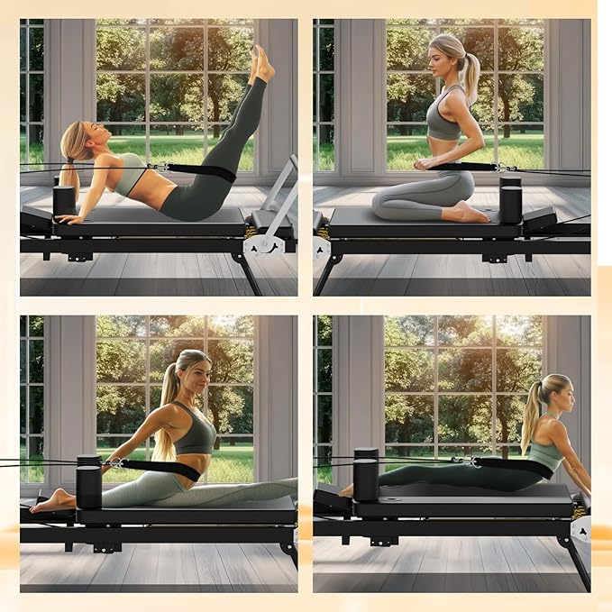 Foldable Pilates Reformer Machine, Portable Pilates Reformer Equpment with Latex Tubes & Springs for Home Workout, Easy Storage and Movement, Maximum Load 400 LBS