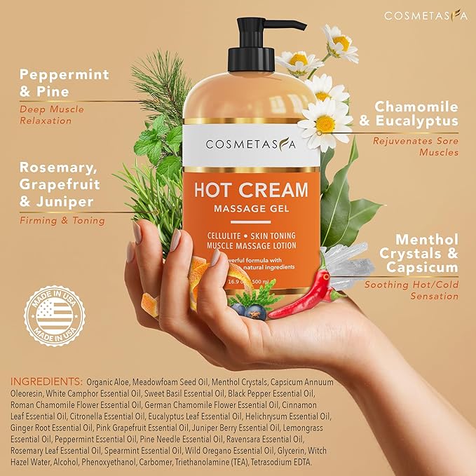 Cosmetasa Hot Cream for Belly - 87% Organic Cellulite Cream - Natural Sweat Cream Massage Gel - for Stomach, Abdomen, Sore Joints, Muscles, Workout (16.9 oz)