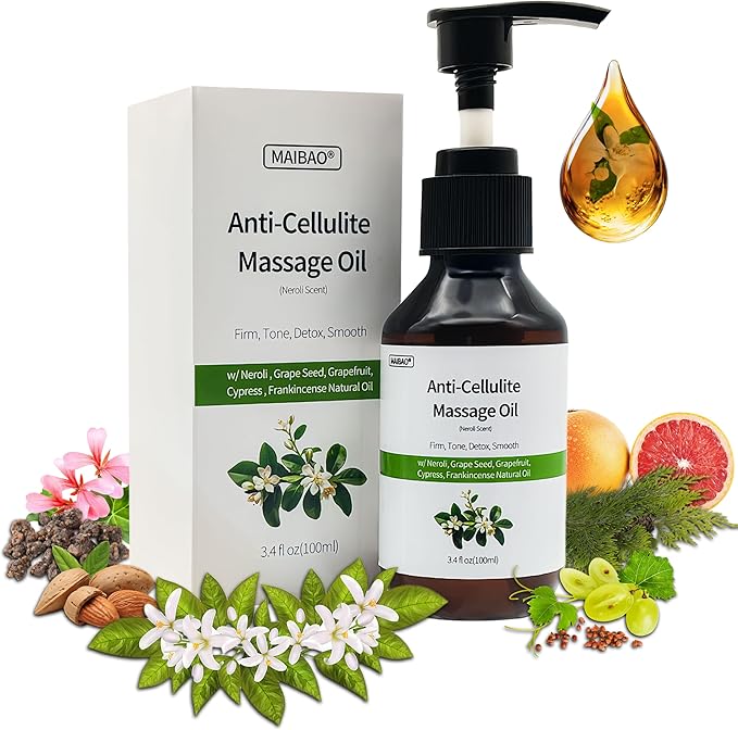 3.4 fl oz Anti-Cellulite Massage Oil with 7 Pure Natural Essential Oils for Body Massage Therapy, SPA, Tightening Skin and Reducing Stretch Marks(Neroli Scent)