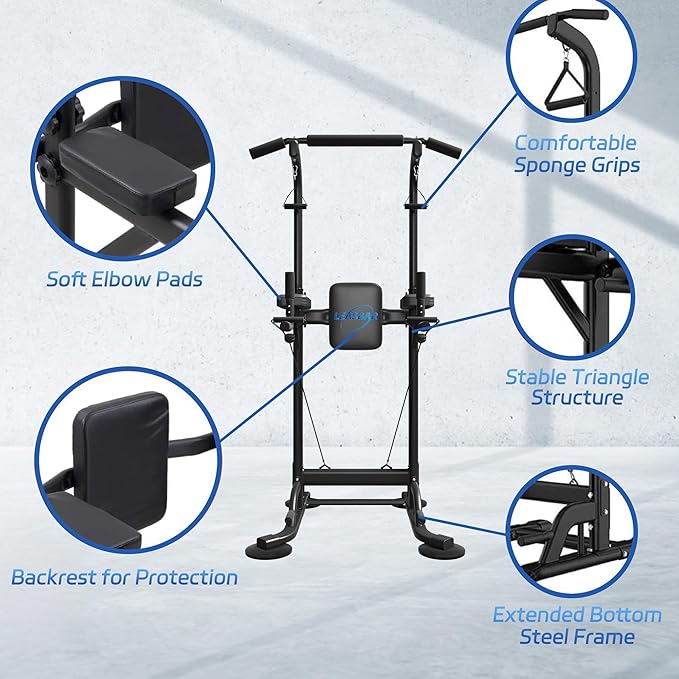 Pull Up Dip Station for Home Gym, Power Tower with Backrest, Adjustable Height Pull Up Bar Stand, Multifunctional Strength Training Fitness Workout Station