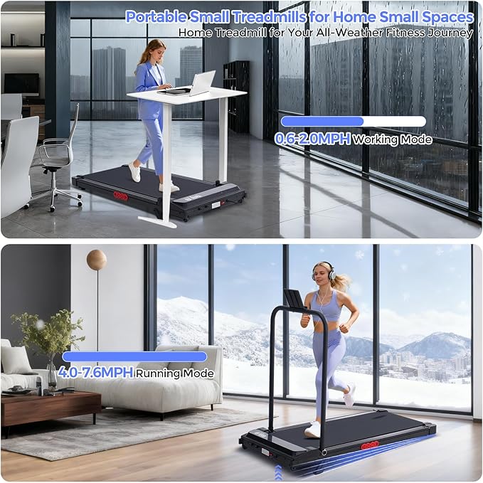 Electric Treadmills for Home with Incline, Walking Pad Treadmill with Handle Bar, 0.6-7.6MPH Portable Small Treadmills with Handles for Home Small Spaces, 3.0HP Walking Pad with Incline and 350LBS
