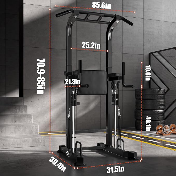 soges Power Tower Dip Station with Assisted Pad, Height Adjustable Pull Up Bar Station for Home Gym, Multi-Function Strength Training Full Body Workout Equipment, 330 Lbs, Black