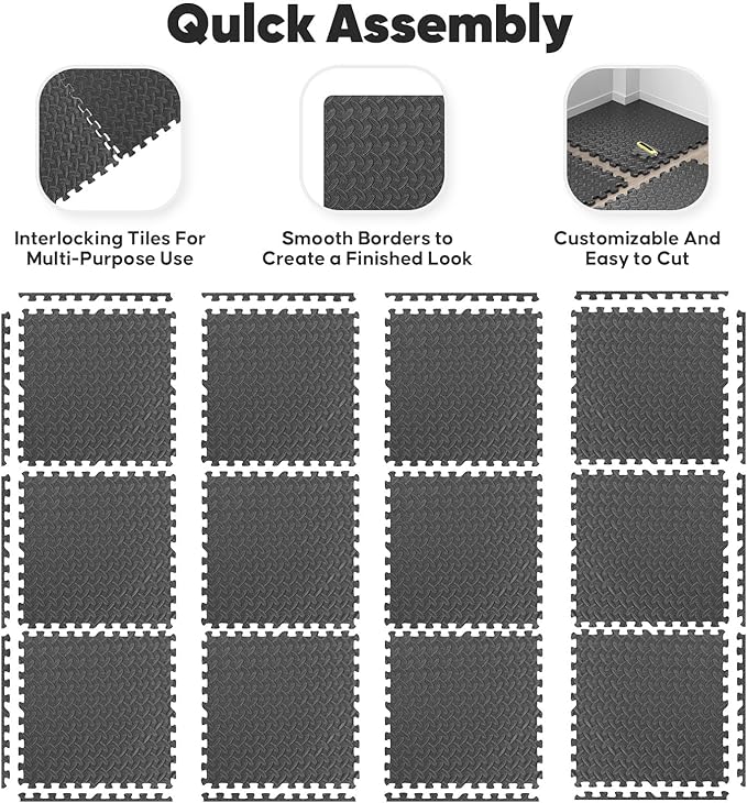 32 Pack Home Gym Mat, Puzzle Exercise Mat, EVA Interlocking Foam Floor Tiles for Home Workout Equipment and Kids' Play Areas - Black, 24 in x 24 in x ½ in - 32 Tiles (Black, 32 Pack, 128 SQ FT)