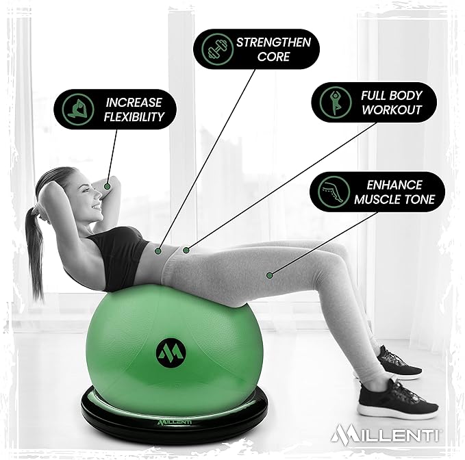 Millenti Exercise Ball Chair 65cm - Yoga Ball Chair Stability Base Ring Kit & Fitness Resistance Bands For Home, Gym Bundle, Pilates Ball, Office Chair, Birthing Ball For Pregnancy - With Workout Chart