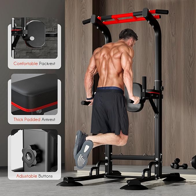 DlandHome Pull Up Bar Power Tower Dip Station, Height Adjustable Heavy Duty Workout Dip Stand, Multi-Functional Strength Training Machine for Men Women Home Gym