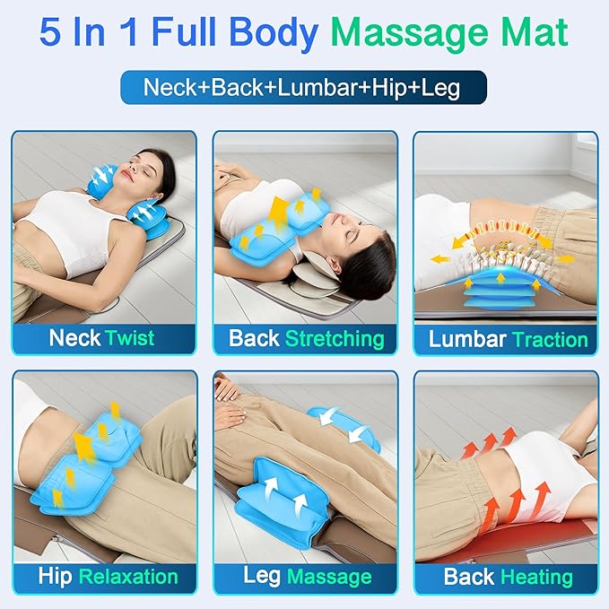 Full Body Massage Mat with Airbags Stretching & Heating, 3D Lumbar Traction & Relaxation, Back Massager Pad, 4 Modes 3 Intensities 3 Heat Levels, PU Leather, Portable & Foldable Design, Fit 5'1-6'0