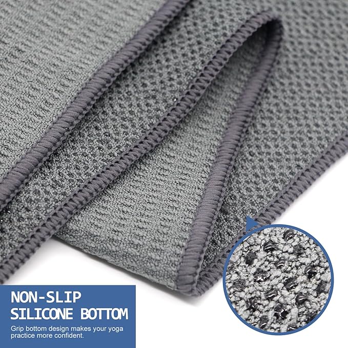 Eunzel Hot Yoga Towel, Non-Slip Yoga Mat Towel with Silicone Grip Dots Absorbent Microfiber for Exercise, Fitness, Pilates, Grey