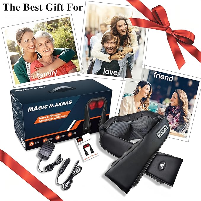 MagicMakers Electric Shiatsu Neck Massager with Heat - Pain Relief for Back, Shoulders & Feet - Gifts for Men, Women, Mom, Dad - From Daughter or Son - Ideal for Christmas, Mother's Day & Father's Day