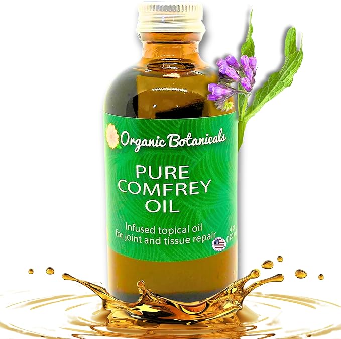 Pure Organic Comfrey Leaf Infused Oil - Skin Care for Joints, Back, Muscles, Fractures, Bruises, and Minor Wounds, Natural Herbal Body Massage Oil, Certified Organic (4 oz)