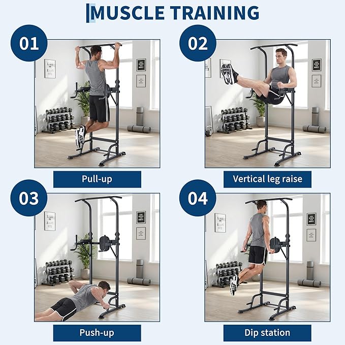 Multifunction Pull Up Bar Dip Station for Home Gym, Adjustable Height Power Tower, 880LBS Capacity Strength Training Equipment for Full Body Workout, Indoor Fitness Chin Up Bar for Men Women