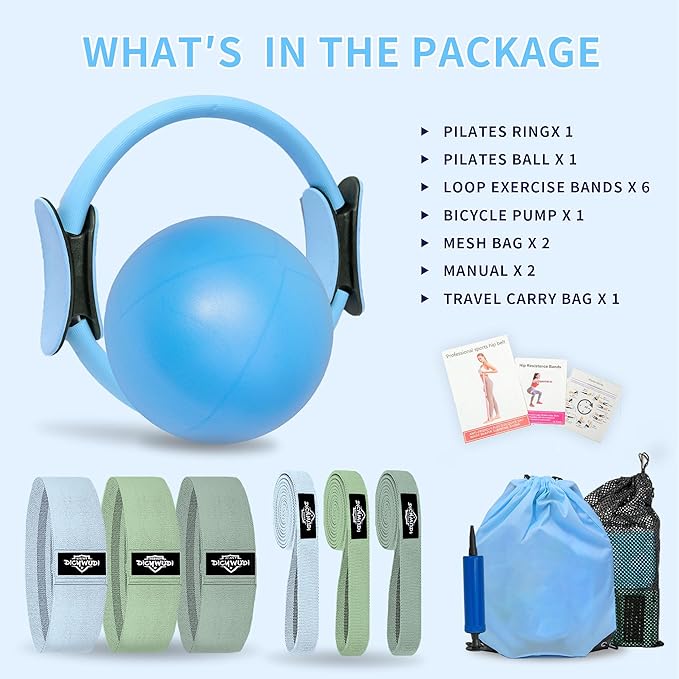 Pilates Essentials Kit for Home Women, Pilates Equipment for Workouts, 6 Fabric Resistance Bands, 12 Inch Magic Circle Yoga Ring, Mini Exercise Ball, Great Exercise Accessories