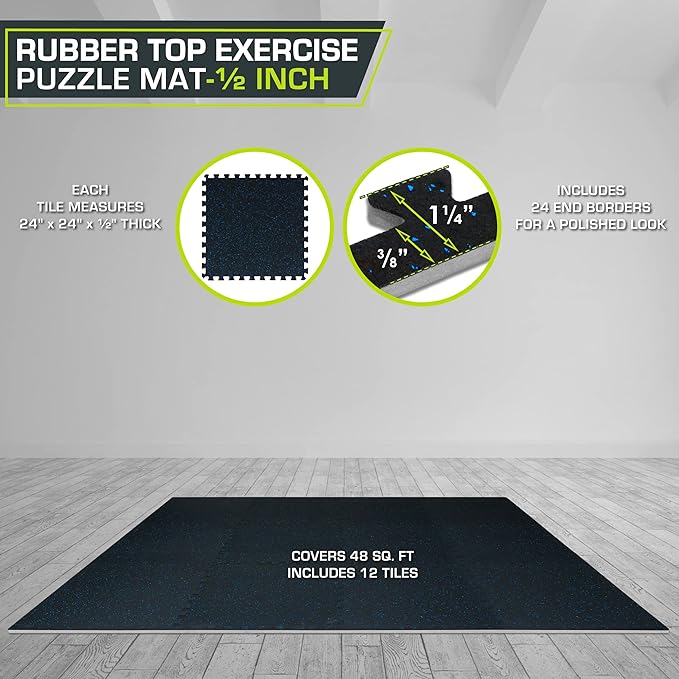 ProsourceFit Rubber Top Exercise Puzzle Mat ½-inch or ¾-inch, EVA Foam Interlocking Tiles for Home Gym Protective Flooring for Equipment and Workouts, Available in 24 SQ FT or 48 SQ FT