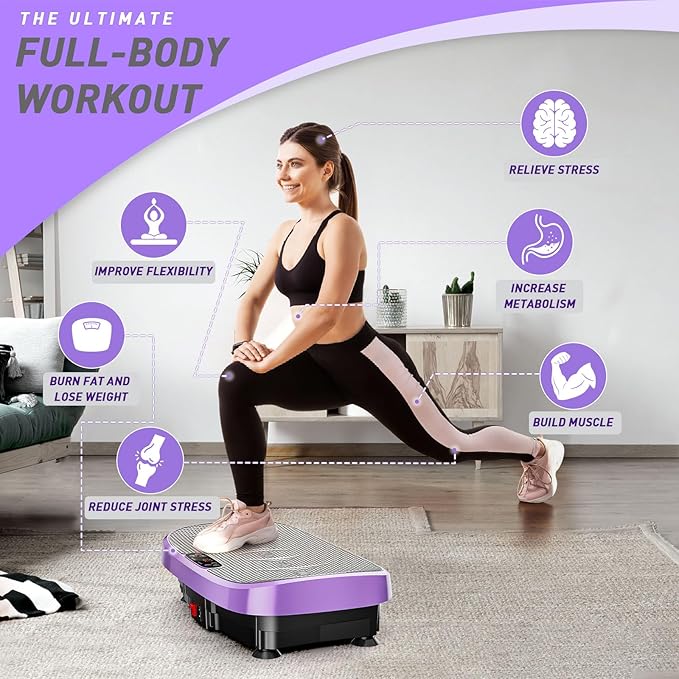 Vibration Plate Exercise Machine for Whole Body Workout, Vibrating Platform for Fast Weight Loss, Lymphatic Drainage & Pain Relief, Home Fitness Equipment with LED Touch Screen Pull Cord, Purple