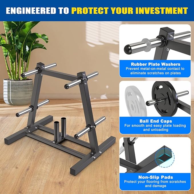 Kipika Weight Plate Tree Rack, Weight Holder for 2 inch Olympic Weight Plate & 2 Barbell Holders, Heavy Duty Bumper Plate Storage Organizer for Home Gym with Optional Wheels