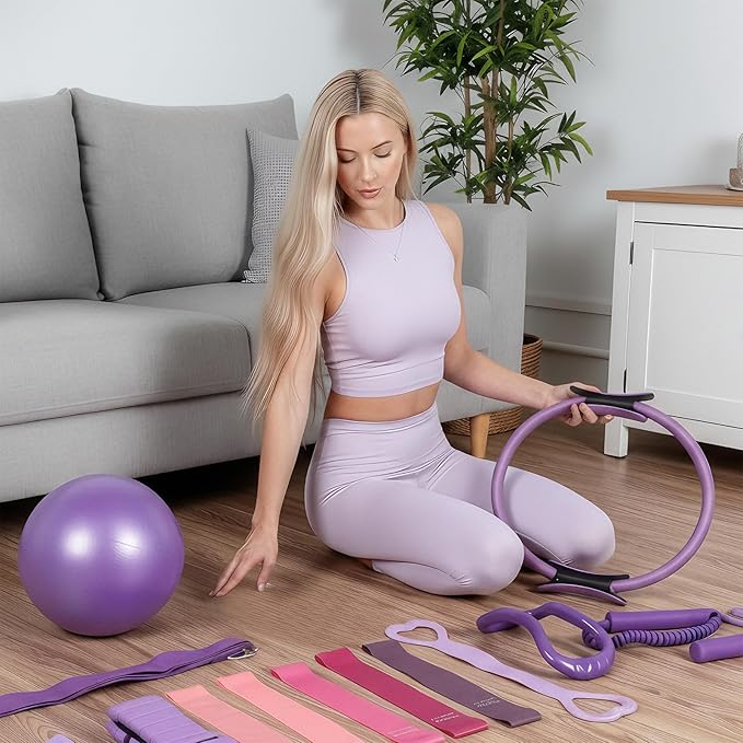 LiKiLiKi Pilates Ring and Ball Set, Home Pilates Equipment for Women with Resistance Bands, 12'' Magic Circle, 9.8'' Ball, for Strength, Toning and Flexibility, Fitness Essentials Starter Accessories