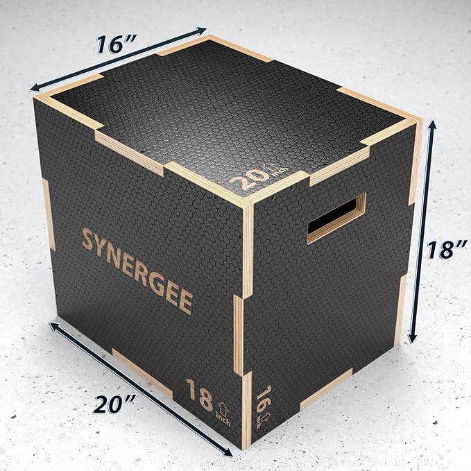 Synergee 3 in 1 Non-Slip Plyometric Box for Jump Training and Conditioning. Wooden Plyo and Soft Plyo Box All In One Jump Trainer. Sizes 20/18/16, 16/14/12