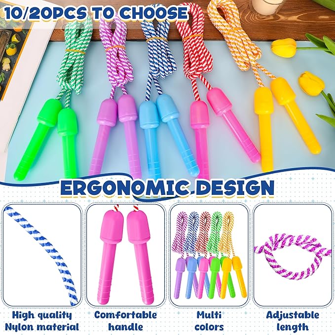 10 Pack Kids Jump Rope, Colorful Nylon Skipping Ropes for Children, 7.87FT Adjustable Length, 5.51IN Handles, Lightweight Skipping Ropes Set for Indoor & Outdoor Play Fitness School Activities