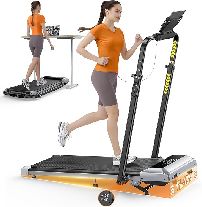 Walking Pad Treadmill with 12% Incline, 6 in 1 Folding Treadmill with Adjustable Handle Bar for Home/Office, Under Desk Treadmills Portable Walking Pad with App, Remote Control & LED Display