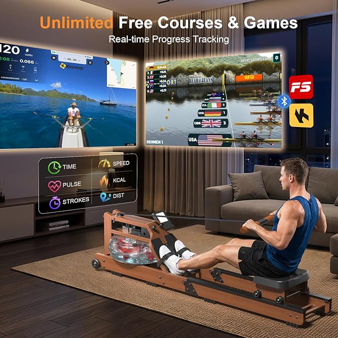 Water Rowing Machine with Foldable Design,Rowing Machines for Home,400LBS Capacity,Smooth Glide Rails,Comfortable Seat,Free App Supported for Immersive Water Rower&Home Gym