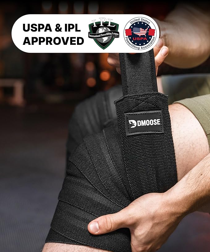 DMoose Fitness Knee Sleeves for Weightlifting (Pair) 78” Knee Wraps for Joint Support, Squats & Powerlifting - Gym Brace Straps for Joint Stability & Pain Relief, USPA & IPL Approved for Men and Women