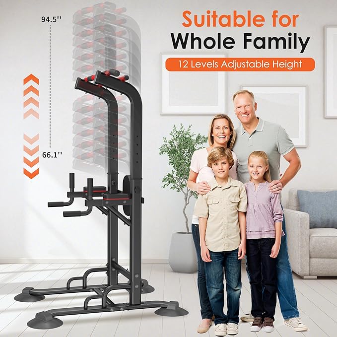SogesPower Pull Up Bar Station Power Tower,12-Level Adjustable Multi-Function Pull Up Dip Station for Home Gym, Pull Up Bar Stand Dip Bar Strength Training Fitness Equipment