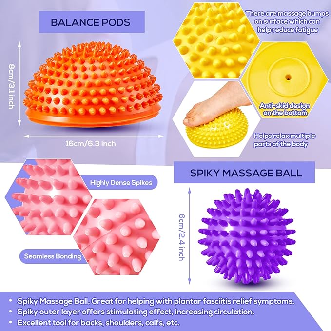 Meooeck 8pcs Hedgehog Balance Pods with Hand Pump Including 1 Balanced Pad, 3 Balance Pods, 4 Spiky Massage Balls for Body Balancing, Sensory Play for Adult Dog Exercise Stability