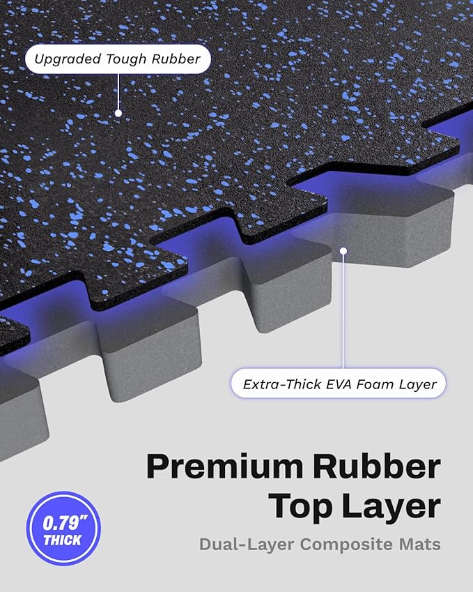 AIRHOP 0.79in Thick 96 Sq Ft Exercise Equipment Mats, 24 Tiles Upgraded Rubber Top with High Density EVA Foam, Large Interlocking Puzzle Gym Flooring for Home Gym, Heavy Weight Workout,Black & Blue