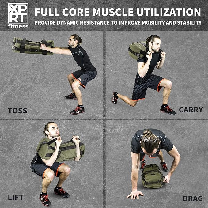 XPRT Fitness Workout Sandbag for Heavy Duty Workout Cross Training 7 Multi-positional Handles - Color Army Green/Black/Camo