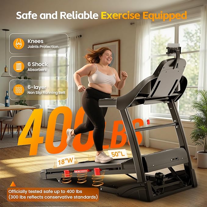 400 lbs Capacity Treadmill for Home with 15% Incline, 5.0 HP Folding Treadmill for Exercising, 0.6–10 MPH, APP Control, Shock Absorption, Quiet Running, Free Brushless Fan & Knee Support