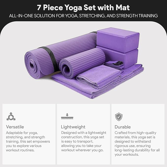 BalanceFrom 7-Piece Yoga Set with 71x24x0.5 Inches Extra Thick Mat and Carrying Sling – Includes 2 Blocks, Stretch Strap, 2 Towels, and Knee Pad for Home, Studio, and Gym Workouts