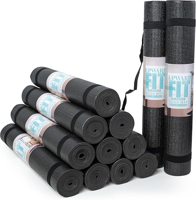 12-Pack Classic Yoga Mat With Carrying Strap, 68" x 24" Non Slip Exercise Mat, 4mm Thick Gym Mat, Bulk Non Toxic Yoga Mats for Home Workout, Schools, Classroom, and Studios
