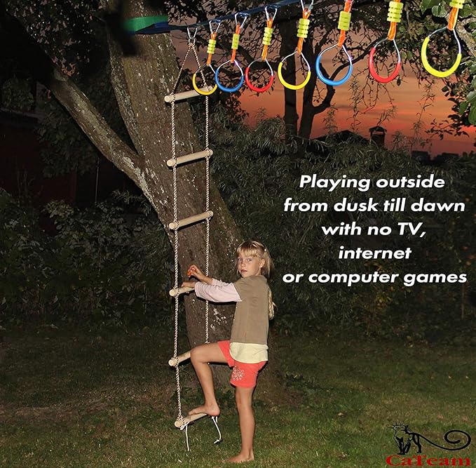 Wooden Rope Ladder for Kids with Ground anchoring - Lenght 6.5'(2m) Width 16"(40cm) - Outdoor or Indoor Climbing Rope Ladder for Ninja Slackline, Backyard, Playground, Home Gym, Park, Treehouse