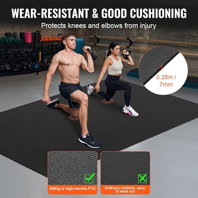 VEVOR Large Exercise Mat, 12'x6'/10'x6'/9'x6'/8'x6'/8'x5'/7'x5'/6'x4' (7mm) Extra Thick, Non Slip High Density Premium Workout Mat, Exercise Yoga Mat for Men & Women, Fitness & Exercise Mat with Bag & Carry Strap, for All Types of Home Yoga, Pilate & F...