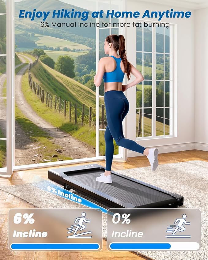 DeerRun Under Desk Walking Pad Treadmill with 6% Manual Incline, 0.6-3.8 MPH Walking Speed, 2.5 HP, 300 lb Capacity, App & Remote Control, for Home Office & Small Spaces