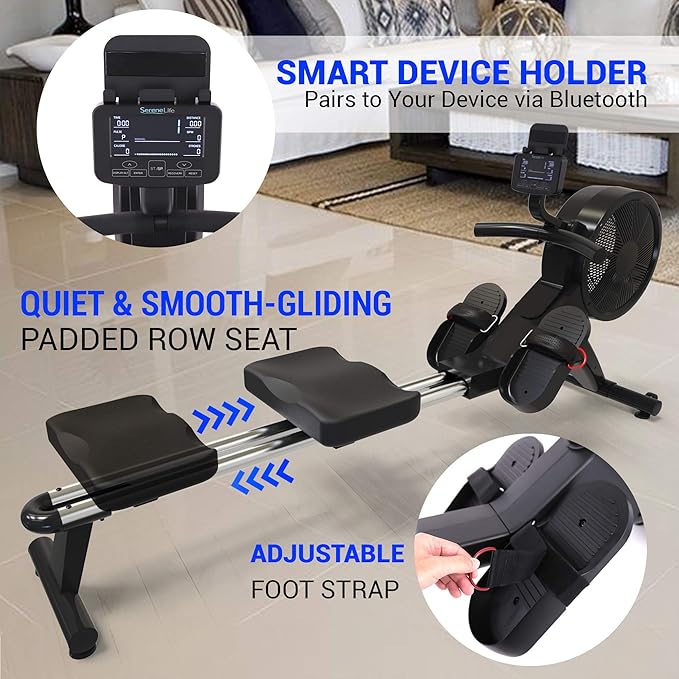 SereneLife Smart Rowing Machine-Home Machine with Smartphone Fitness Monitoring App, Magnetic Row Machine for Gym or Home Use, 16 Levels Resistance