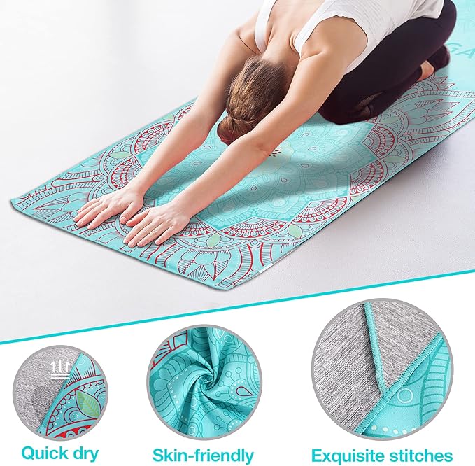MoKo Hot Yoga Towel, Non-Slip Yoga Mat Towel with Grip Dots, 74.4"×27.3" Yoga Mat Cover for Pilates, Fitness, Meditation, Swimming Pool, Beach, Travel Yoga Mat with Corner Pockets
