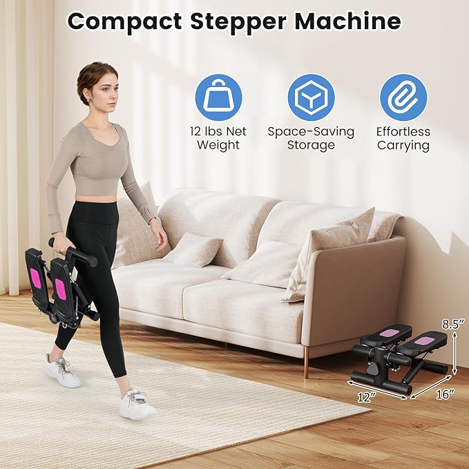 Mini Stair Steppers for Exercise at Home, Hydraulic Step Climber Machine with Resistance Bands & LCD Monitor, Portable Under Desk Stepper for Full Body Cardio Workout